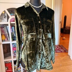 Anthro Green Velvet Button Up